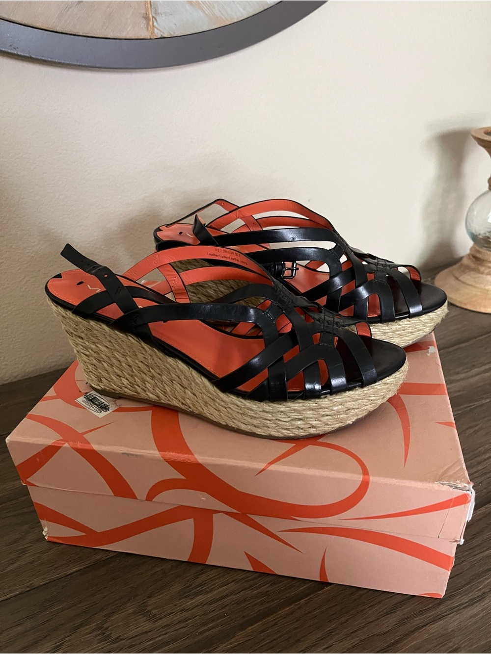 Via Spiga Black Woven Espadrille Wedge Sandals with Orange Insole